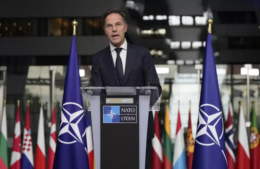 NATO Secretary-General Mark Rutte delivers a statement after a meeting with a high-level South Korean delegation including top intelligence and military officials as well as senior diplomats briefed NATO diplomats, at NATO headquarters in Brussels on Monday, Oct. 28, 2024.