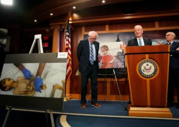 US senators hold a news conference in support of the resolution to halt the sale of some weapons to Israel.