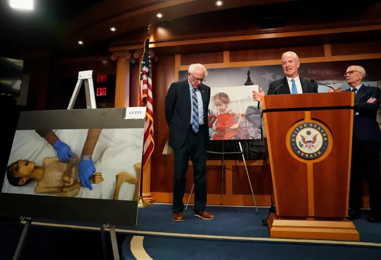 US senators hold a news conference in support of the resolution to halt the sale of some weapons to Israel.