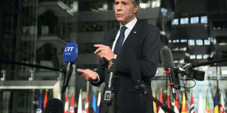 US Secretary of State Antony Blinken talks to the press following a North Atlantic Council Meeting at NATO's headquarters during his one-day visit in Brussels for Ukraine talks with NATO chief, European Union diplomacy boss and Ukraine's Foreign Minister, on November 13, 2024 in Brussels.