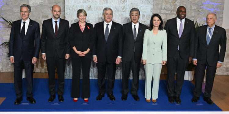 G7 Foreign Ministers Meet To Discuss Ukraine and Middle East Wars 1 US Secretary of State Antony Blinken, French Foreign Minister Jean-Noel Barrot, Canadian Minister of Foreign Affairs Melanie Joly, Italian Foreign Minister Antonio Tajani, Japanese Foreign Minister Takeshi Iwaya, German Foreign Minister Annalena Baerbock and British Foreign Secretary David Lammy pose for a family photo.