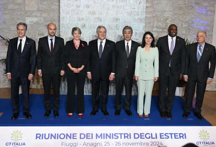 G7 Foreign Ministers Meet To Discuss Ukraine and Middle East Wars 1 US Secretary of State Antony Blinken, French Foreign Minister Jean-Noel Barrot, Canadian Minister of Foreign Affairs Melanie Joly, Italian Foreign Minister Antonio Tajani, Japanese Foreign Minister Takeshi Iwaya, German Foreign Minister Annalena Baerbock and British Foreign Secretary David Lammy pose for a family photo.