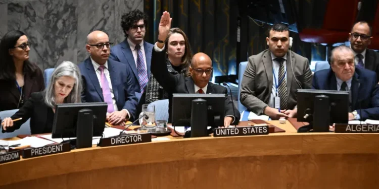 US Alternate Ambassador to the United Nations Robert Wood raises his hand to veto a draft resolution calling for a ceasefire in Gaza.