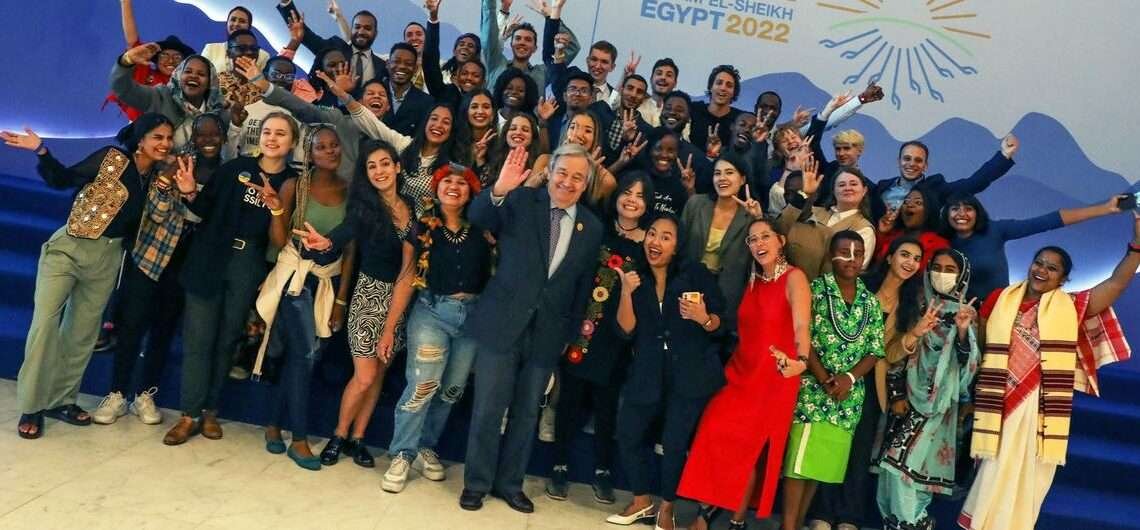 Secretary-General António Guterres with young climate activists at the ​​​​​​​Climate Implementation Summit at COP27 in Sharm el-Sheikh, Egypt.
