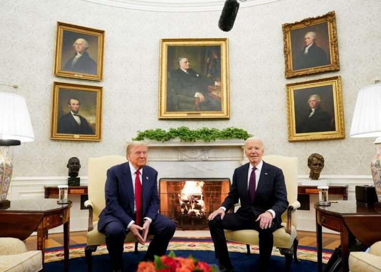 Trump, Biden Meet To Discuss Transition 1 President Joe Biden meets with President-elect Donald Trump in the Oval Office at the White House in Washington, DC, on November 13, 2024.