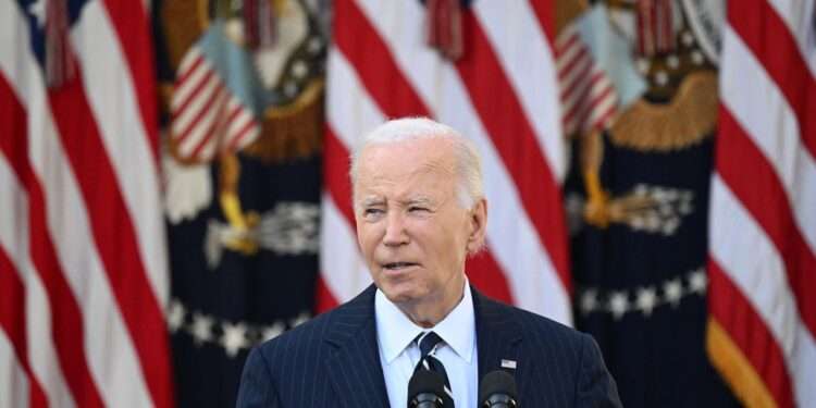 President Joe Biden addresses the nation from the Rose Garden of the White House in Washington, DC, on November 7, 2024.