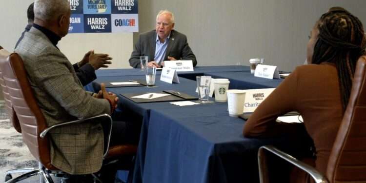 Minnesota Gov. Tim Walz speaks to Black voters at a roundtable in Detroit on Friday, November 1, 2024.