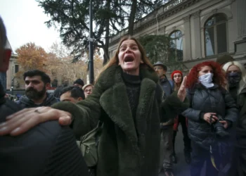 A protester shouts outside the Georgian parliament building.