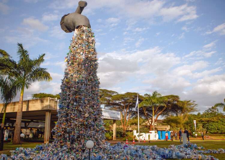 A 30-foot high monument entitled 'Turn off the plastics tap' by Canadian activist and artist Benjamin von Wong stands outside the venue for the UN Environment Assembly.