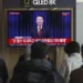 A TV screen shows a live broadcast of South Korean President Yoon Suk-yeol addressing the nation in advance of an impeachment vote, in Seoul, South Korea, on Saturday.