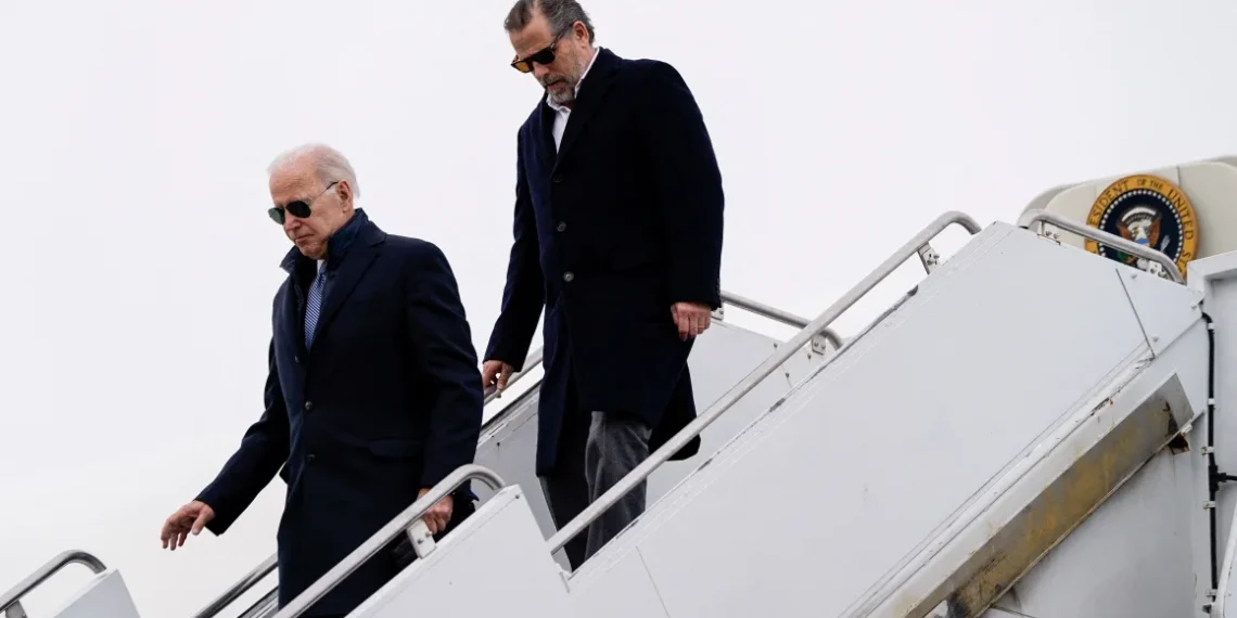 President Joe Biden and his son Hunter Biden disembark from Air Force One in Syracuse, New York, on February 4, 2023.