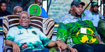 Floyd Shivambu (R) praises Jacob Zuma’s (L) bold leadership for inspiring the MK Party’s rise at a gala dinner in Durban