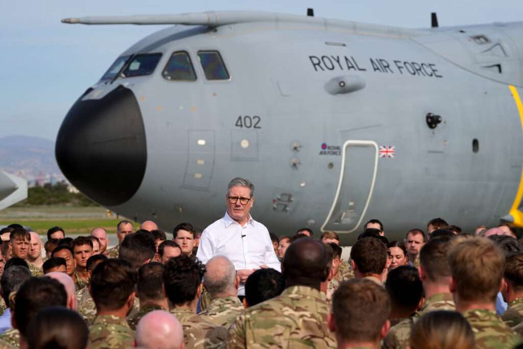 Keir Starmer speaking to soldiers at the RAF base in Akrotiri