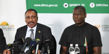 Pascoal Ronda Minister of Interior in Mozambique and Minister of International and Cooperation Ronald Lamoma during a media briefing held in Malelane,Mpumalanga.