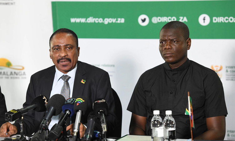 Pascoal Ronda Minister of Interior in Mozambique and Minister of International and Cooperation Ronald Lamoma during a media briefing held in Malelane,Mpumalanga.