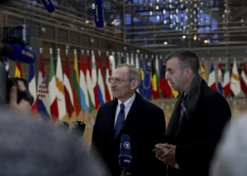 Hungary's Interior Minister, Sandor Pinter speaks to the media.