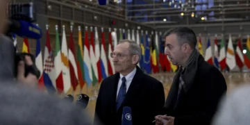 Hungary's Interior Minister, Sandor Pinter speaks to the media.