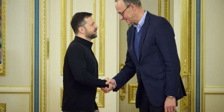 German Opposition Leader Iterates Commitment To Giving Ukraine Taurus Missiles 1 President of Ukraine, Volodymyr Zelenskyy shakes hands with Friedrich Merz, Chairman of the Christian Democratic Union party and Leader of the CDU/CSU opposition faction in the German Bundestag.