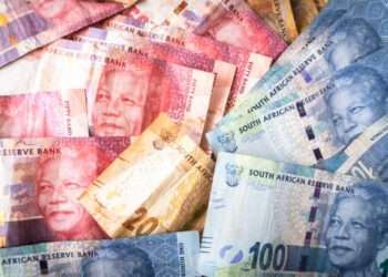 Banknotes and coins of South African currency called Rand