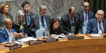 Rosemary DiCarlo (center), Under-Secretary-General for Political and Peacebuilding Affairs, briefs the Security Council.