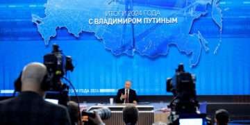 Russia's President, Vladimir Putin speaks during his annual end-of-year press conference in Moscow.