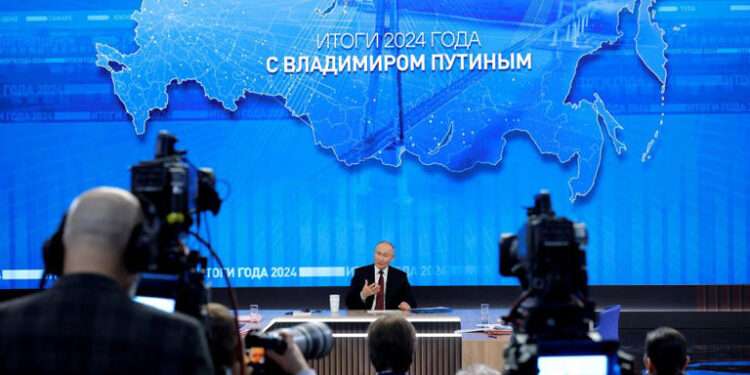 Russia's President, Vladimir Putin speaks during his annual end-of-year press conference in Moscow.