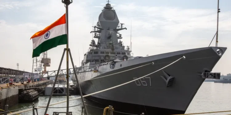A general view of the INS Mormugao (D67) stealth guided missile destroyer during a media preview at the Naval Dockyard in Mumbai, India.