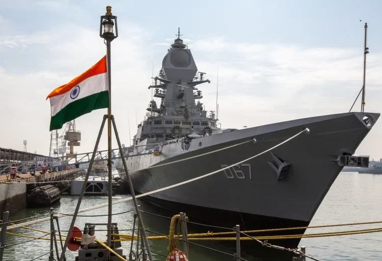 India Launches Three Navy Vessels 1 A general view of the INS Mormugao (D67) stealth guided missile destroyer during a media preview at the Naval Dockyard in Mumbai, India.