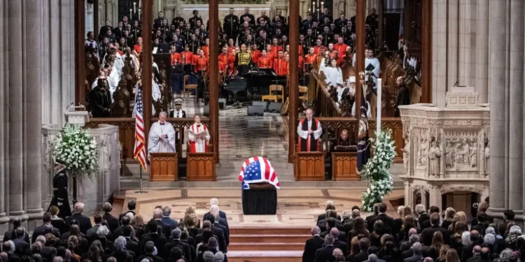 Carter Honored With State Funeral 1 The casket of former President Jimmy Carter at the National Cathedral in Washington, DC, during his funeral on January 9, 2025.