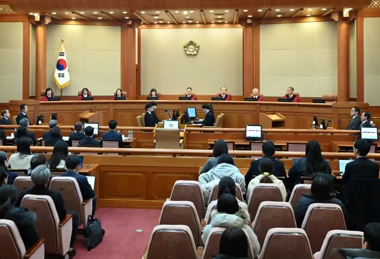Judges Chung Kye-sun, Kim Bok-hyeong, Jung Jung-mi, Lee Mi-son, acting head of the constitutional court Moon Hyung-bae and judges Kim Hyung-du, Cheong Hyung-sik and Cho Han-chang sit for the first formal hearing of a trial on the validity of President Yoon Suk-yeol's impeachment by the National Assembly at the Constitutional Court of Korea on January 14, 2025 in Seoul, South Korea.