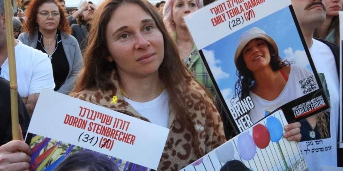 Israelis celebrate at Hostages Square in Tel Aviv, Israel on Sunday.