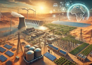 DALL·E 2025 01 01 15.00.37 A visually compelling image showcasing the energy transformation in Africa in 2025. The scene includes a large solar farm in the desert of Algeria wi
