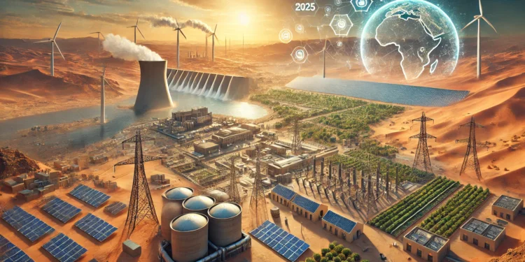 DALL·E 2025 01 01 15.00.37 A visually compelling image showcasing the energy transformation in Africa in 2025. The scene includes a large solar farm in the desert of Algeria wi