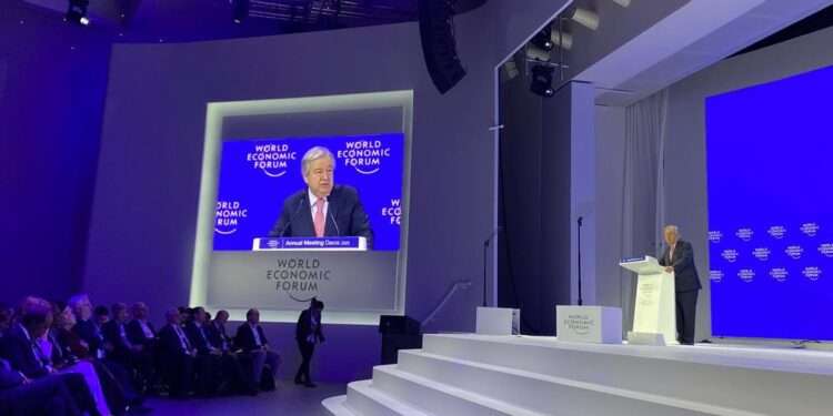 UN Chief Warns World Leaders of Global Existential Threats 1 The UN Secretary-General António Guterres addresses the World Economic Forum in Davos, Switzerland.