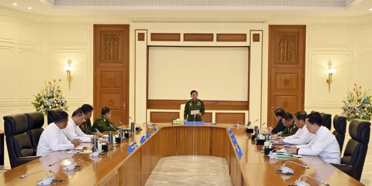Myanmar's military leader, Min Aung Hlaing(center) during a meeting with the National Defence and Security Council in the capital Naypyidaw on Friday, January 31, 2025.