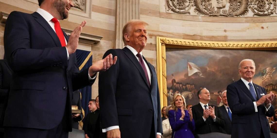 Donald Trump, center, at his inauguration ceremony.