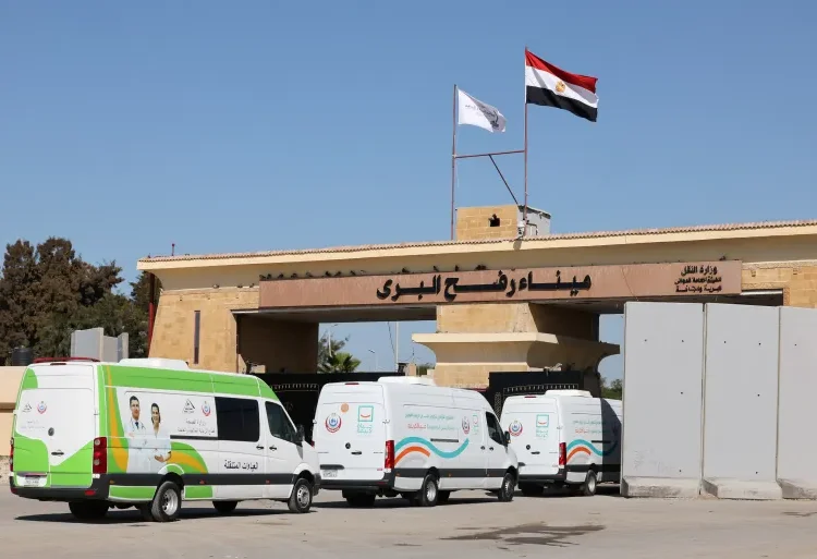 Ambulances drive as the Rafah border crossing between Egypt and the Gaza Strip reopens, amid a ceasefire between Israel and Hamas, in Rafah, Egypt, February 1, 2025.