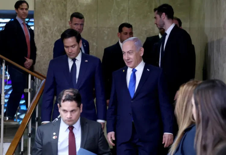 US Secretary of State Marco Rubio, centre left, and Israeli Prime Minister Benjamin Netanyahu, centre right