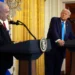 US President Donald Trump and Israel's Prime Minister Benjamin Netanyahu speak during a news conference in the East Room of the White House in Washington, DC.