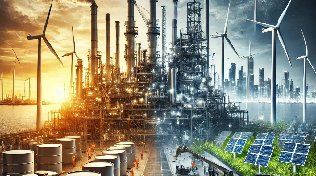 A dramatic image of an oil refinery transitioning into a renewable energy facility.