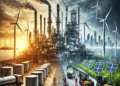A dramatic image of an oil refinery transitioning into a renewable energy facility.
