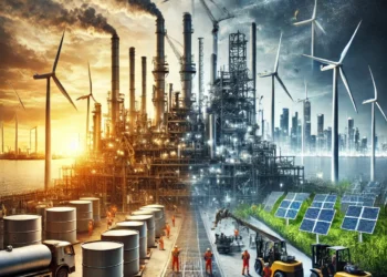 A dramatic image of an oil refinery transitioning into a renewable energy facility.