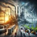 A dramatic image of an oil refinery transitioning into a renewable energy facility.