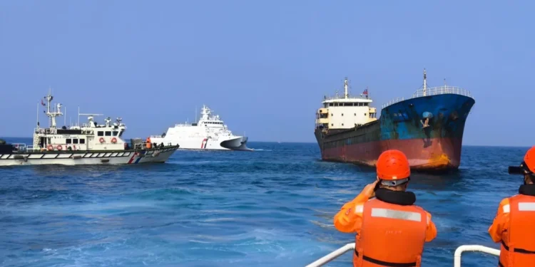 Taiwan's coast guard intercepts a cargo ship suspected of damaging an undersea cable connecting Taiwan to its outlying Penghu Islands on February 25, 2025.