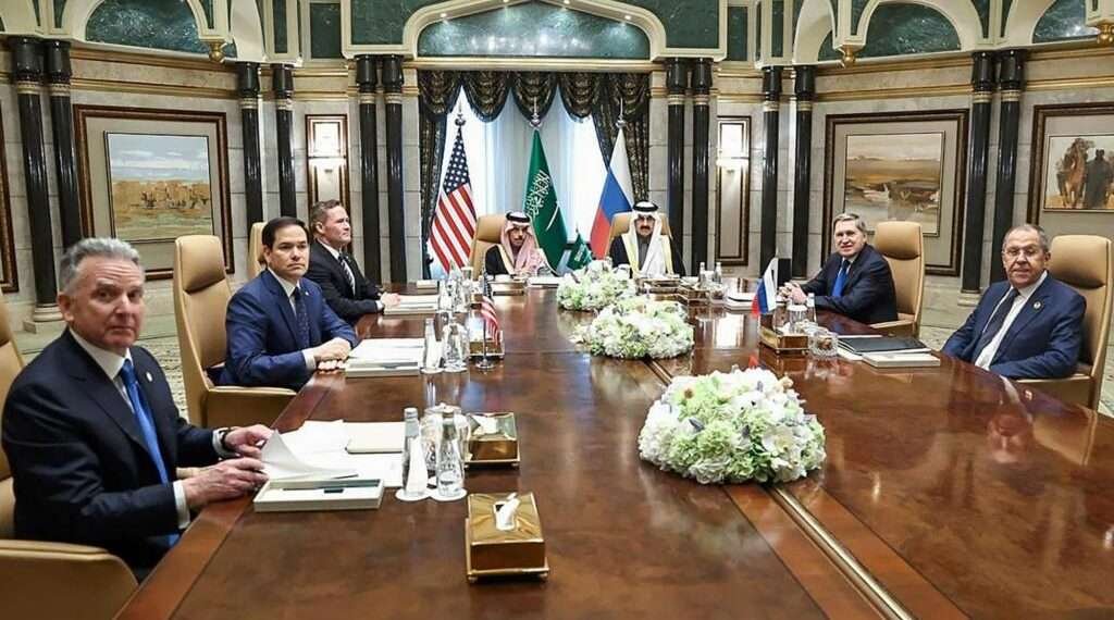 US state secretary Marco Rubio, second left, meets with Saudi foreign minister Prince Faisal bin Farhan Al Saud, Saudi National Security Advisor Mosaad bin Mohammad Al-Aiban, US National Security adviser Mike Waltz, US Middle East envoy Steve Witkoff, Russian foreign minister Sergei Lavrov, right, and Russian president Vladimir Putin's foreign policy adviser Yuri Ushakov, at Diriyah Palace, in Riyadh.