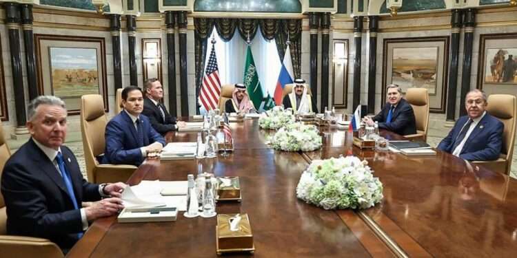 US state secretary Marco Rubio, second left, meets with Saudi foreign minister Prince Faisal bin Farhan Al Saud, Saudi National Security Advisor Mosaad bin Mohammad Al-Aiban, US National Security adviser Mike Waltz, US Middle East envoy Steve Witkoff, Russian foreign minister Sergei Lavrov, right, and Russian president Vladimir Putin's foreign policy adviser Yuri Ushakov, at Diriyah Palace, in Riyadh.