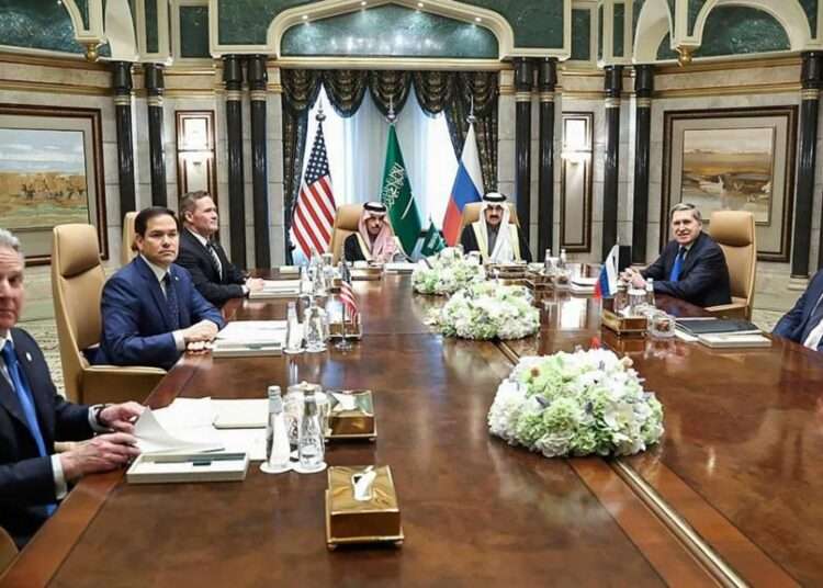 US, Russia Hold Talks In Riyadh 1 US state secretary Marco Rubio, second left, meets with Saudi foreign minister Prince Faisal bin Farhan Al Saud, Saudi National Security Advisor Mosaad bin Mohammad Al-Aiban, US National Security adviser Mike Waltz, US Middle East envoy Steve Witkoff, Russian foreign minister Sergei Lavrov, right, and Russian president Vladimir Putin's foreign policy adviser Yuri Ushakov, at Diriyah Palace, in Riyadh.