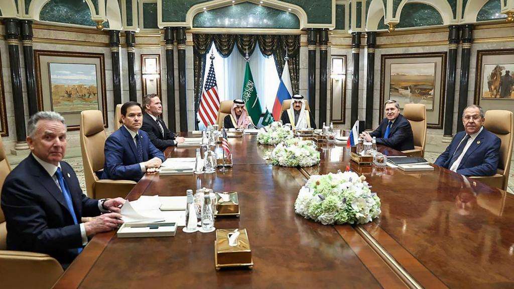 US state secretary Marco Rubio, second left, meets with Saudi foreign minister Prince Faisal bin Farhan Al Saud, Saudi National Security Advisor Mosaad bin Mohammad Al-Aiban, US National Security adviser Mike Waltz, US Middle East envoy Steve Witkoff, Russian foreign minister Sergei Lavrov, right, and Russian president Vladimir Putin's foreign policy adviser Yuri Ushakov, at Diriyah Palace, in Riyadh.