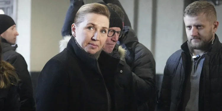 Denmark's Prime Minister Mette Frederiksen calls for more arms production on the third anniversary of the Russian invasion of Ukraine, Monday, Feb. 24, 2025.