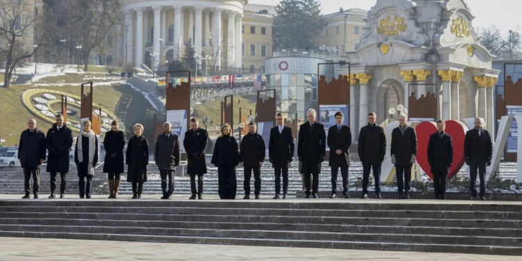World leaders, including Danish prime minister Mette Frederiksen, European Commission president Ursula von der Leyen, European Council president Antonio Costa, Latvian president Edgars Rinkevics, Ukraine's first lady Olena Zelenska, Ukrainian president Volodymyr Zelensky, Finnish president Alexander Stubb, Lithuanian president Gitanas Nauseda and Canadian prime minister Justin Trudeau, mark the third anniversary of Russia's invasion of Ukraine in Kyiv.